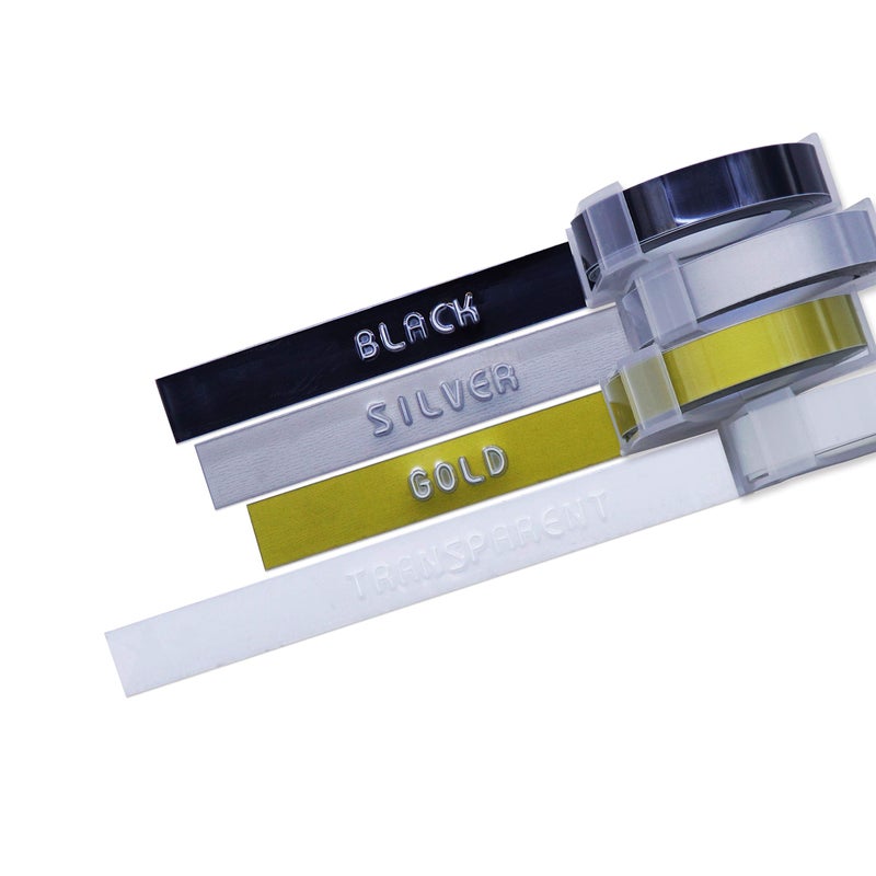 Motex Refill Tape For Embossing Label Maker, 4 Color Tapes, 3/8-Inch (Black, Transparent, Gold, Silver) - Image 1